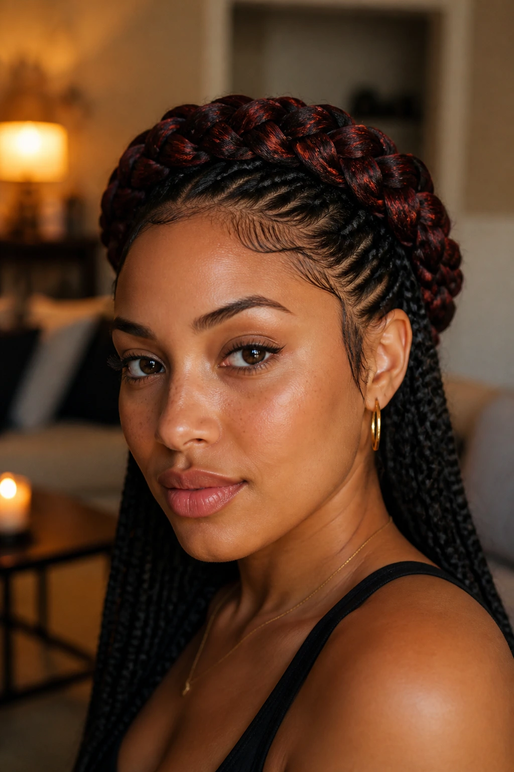 Close-up of a woman with mahogany halo braids around her crown