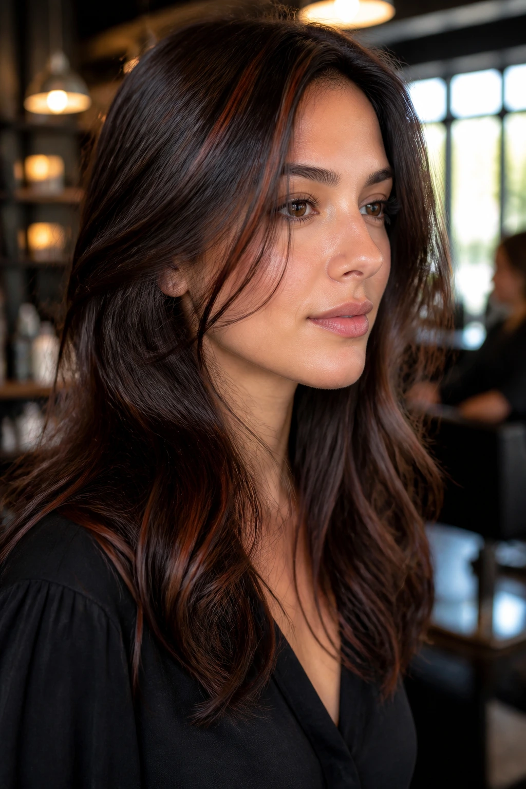Close-up of brunette hair with mahogany glints around crown and front layers