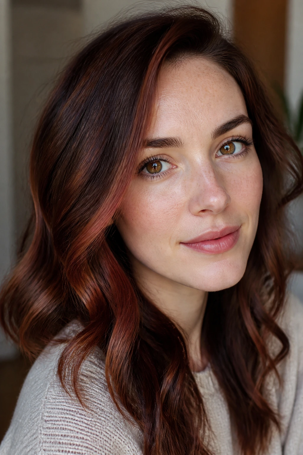 Portrait showing mahogany brown highlights on fair skin.