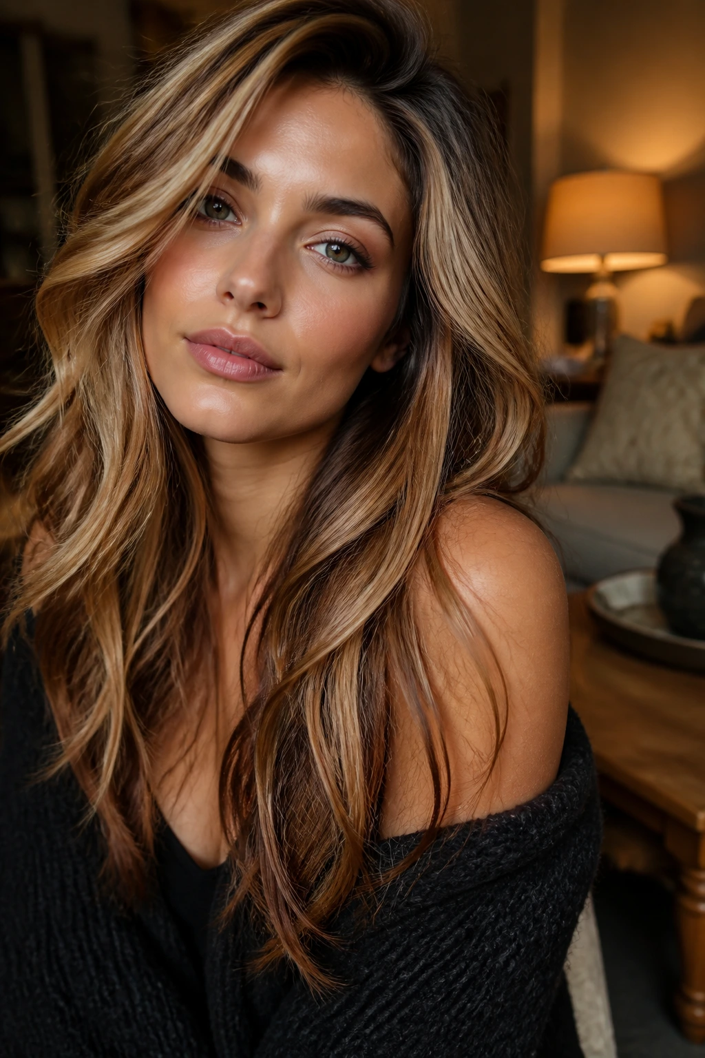 Close-up of mahogany-infused blonde hair with lowlights