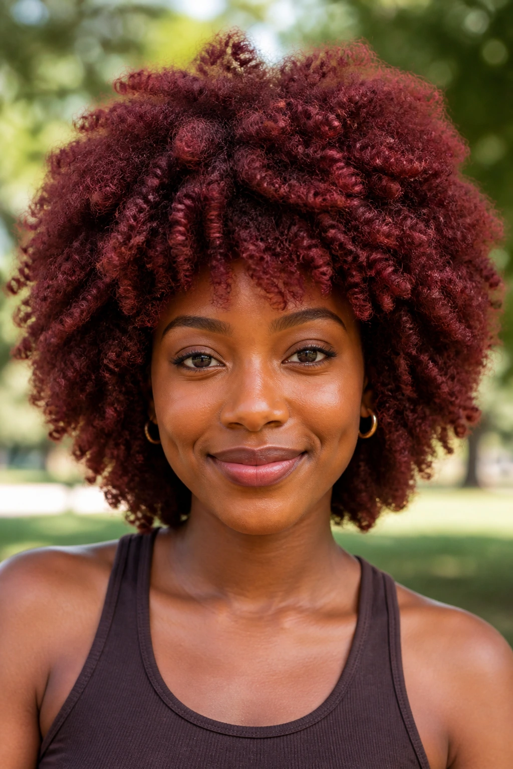 Front view of a mahogany layered Afro hairstyle on a real person