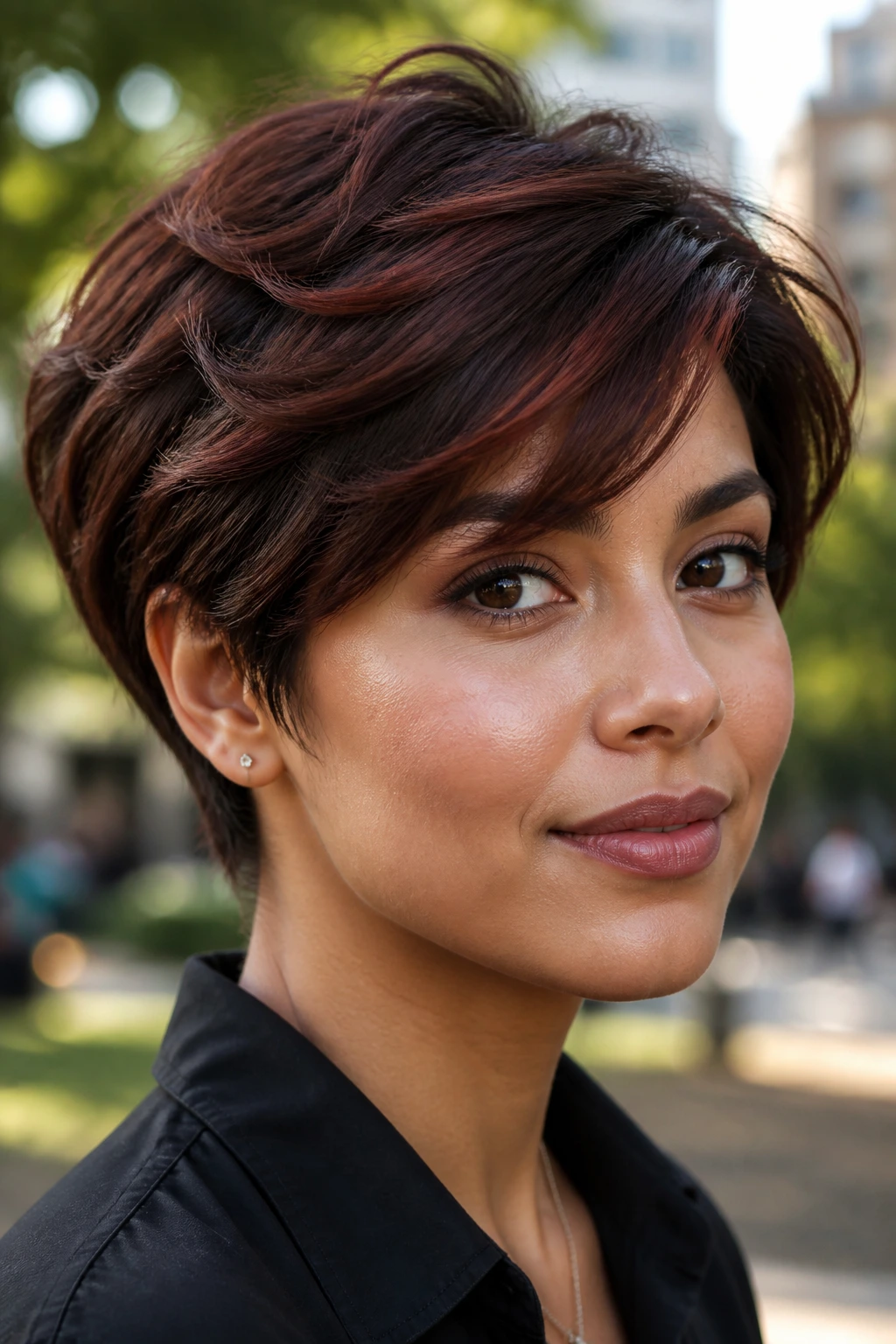 Real woman with mahogany layered crop in golden hour park lighting