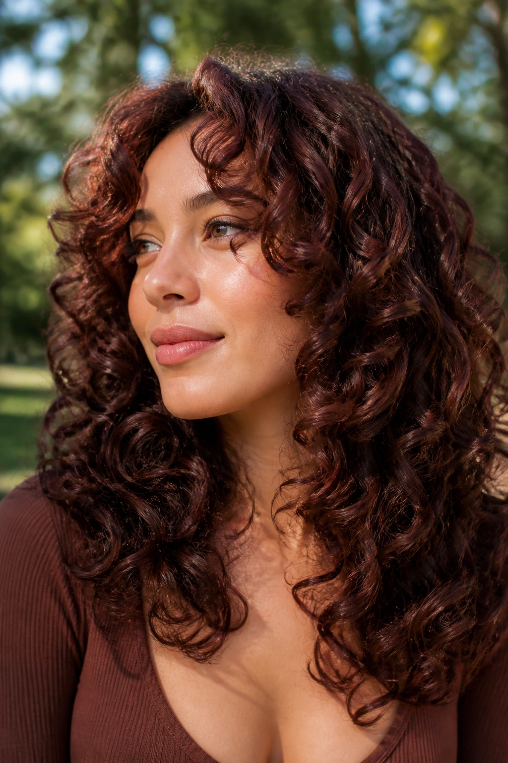 Close-up of a real woman with mahogany layered curls in an outdoor setting.