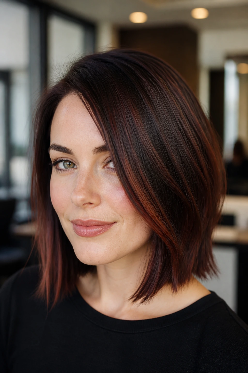 Real person with mahogany brown hair in a lob cut.
