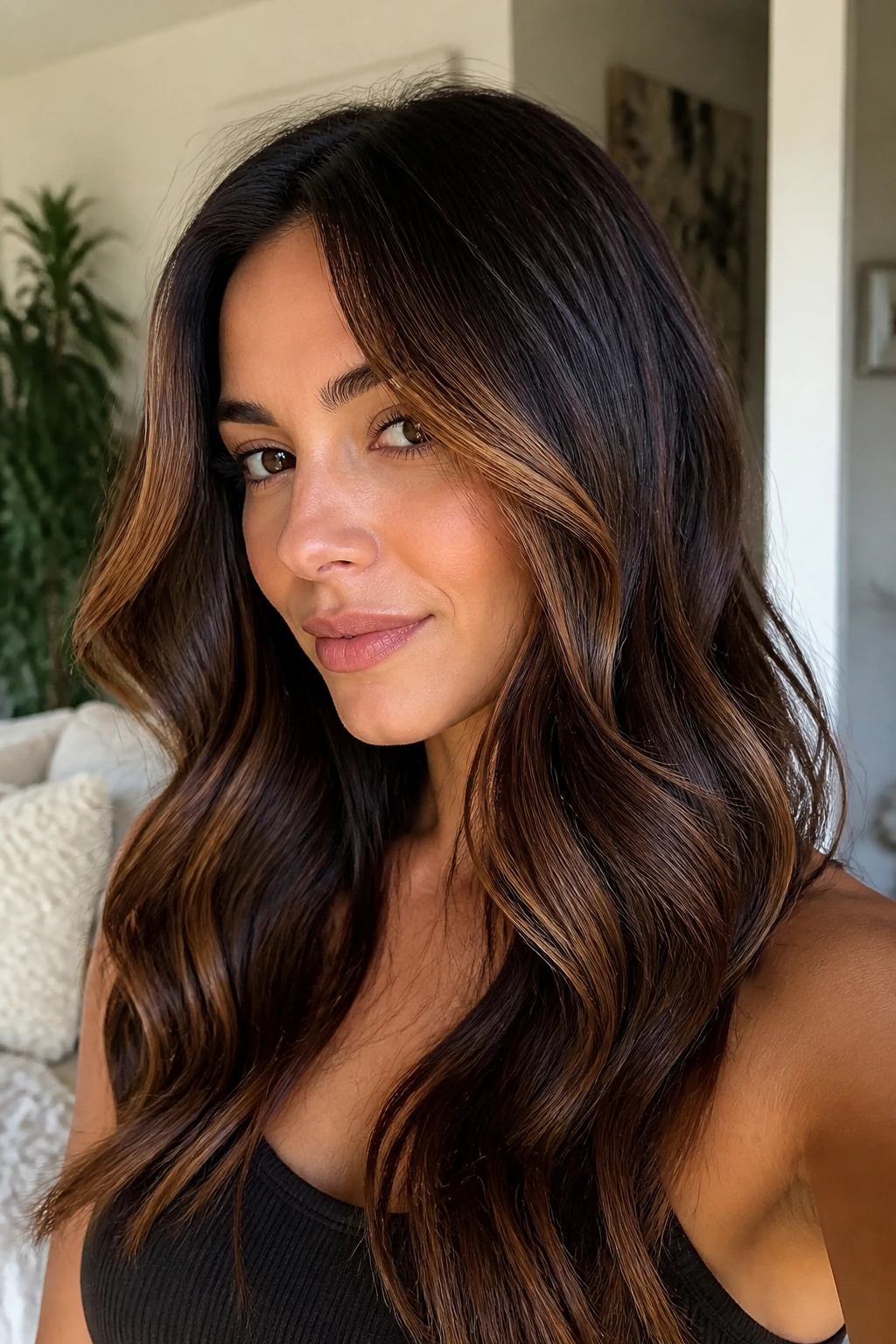 Dark hair with mahogany lowlights and caramel surface pieces adding depth