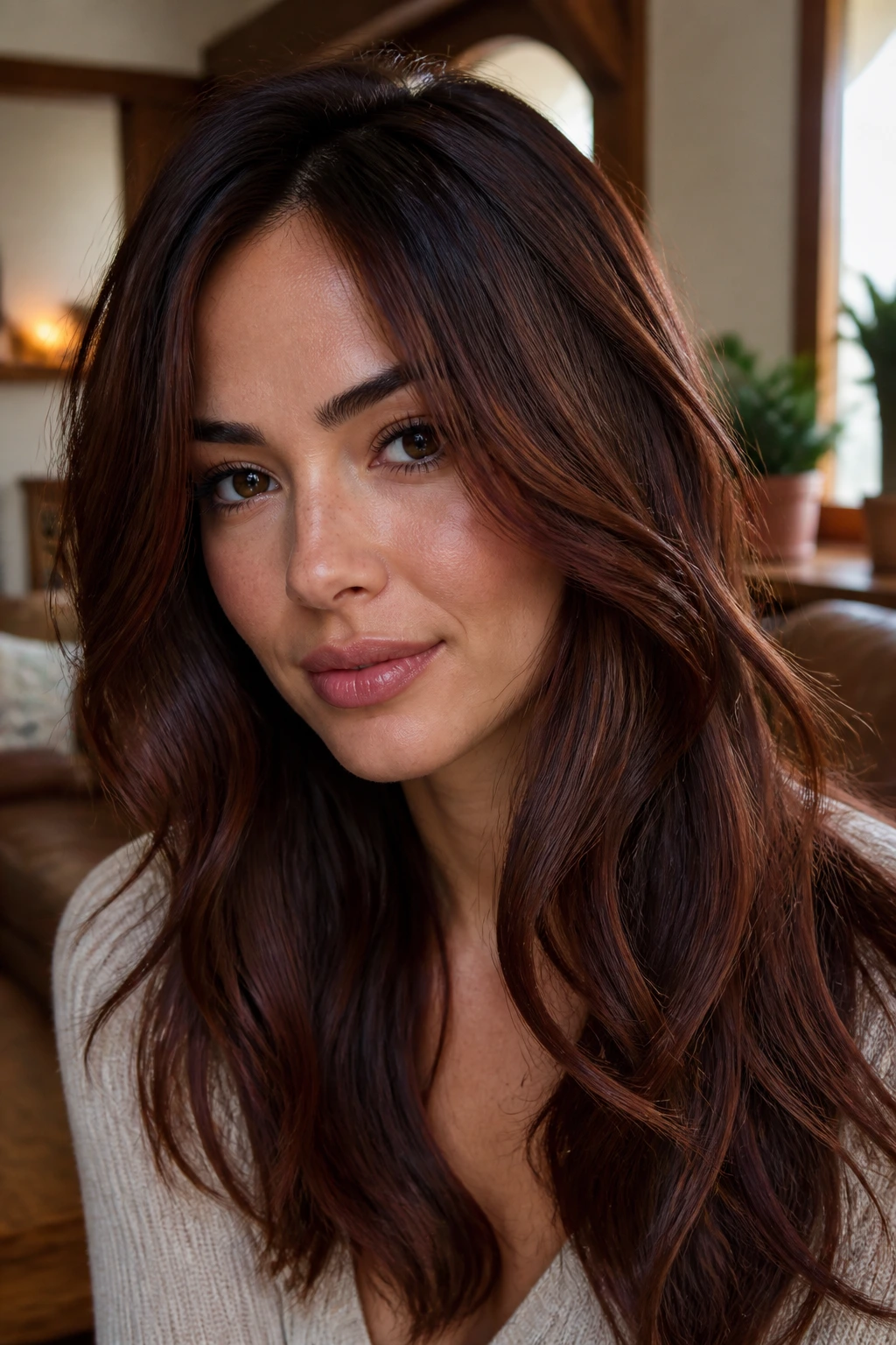 Close-up portrait of a real woman with mahogany lowlights and copper veils in brunette hair, warm window light