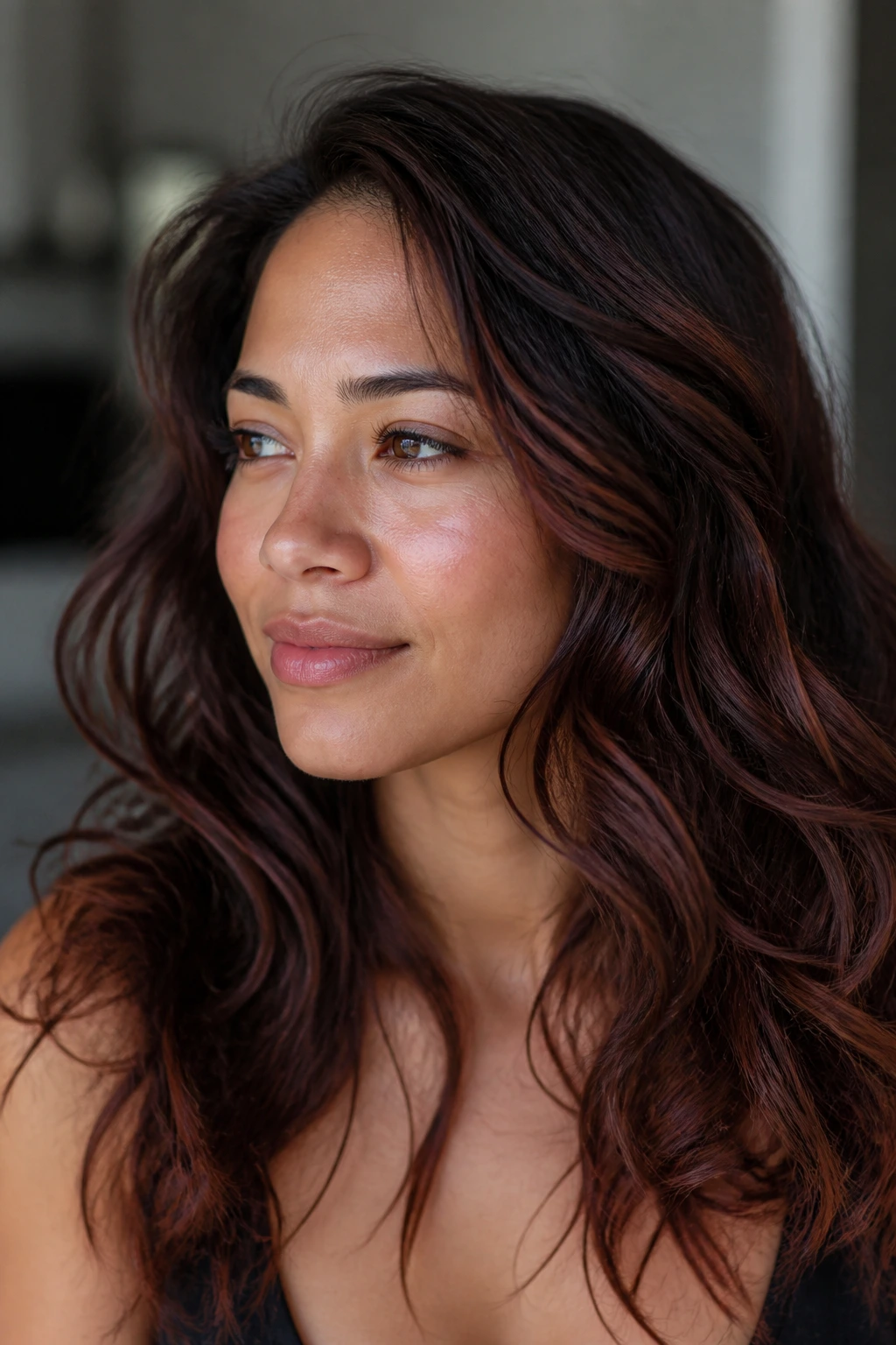 Close-up of hair with mahogany lowlights on a real person