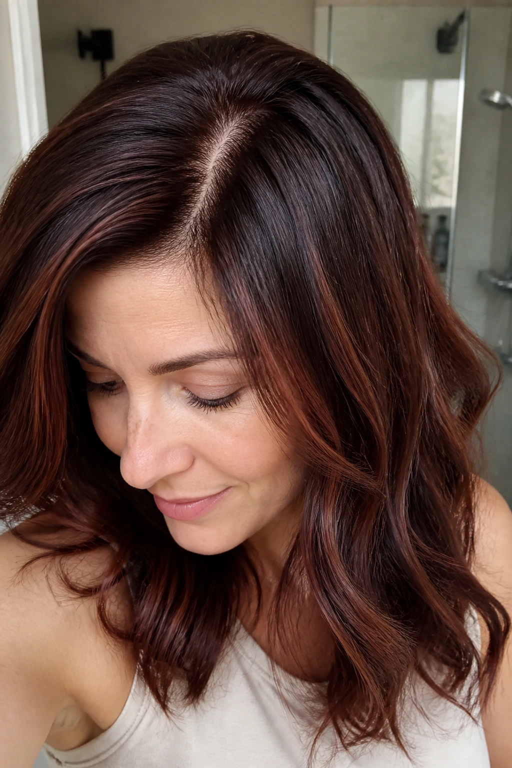 Portrait showing root regrowth and glossy mahogany highlights in natural light