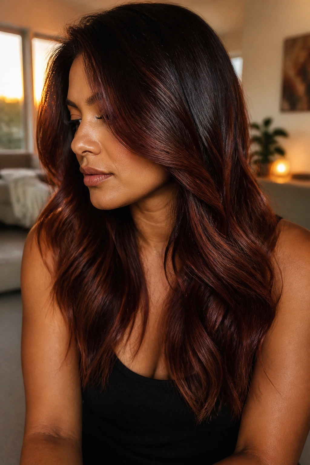 Close-up of deep mahogany melt hair on a real person