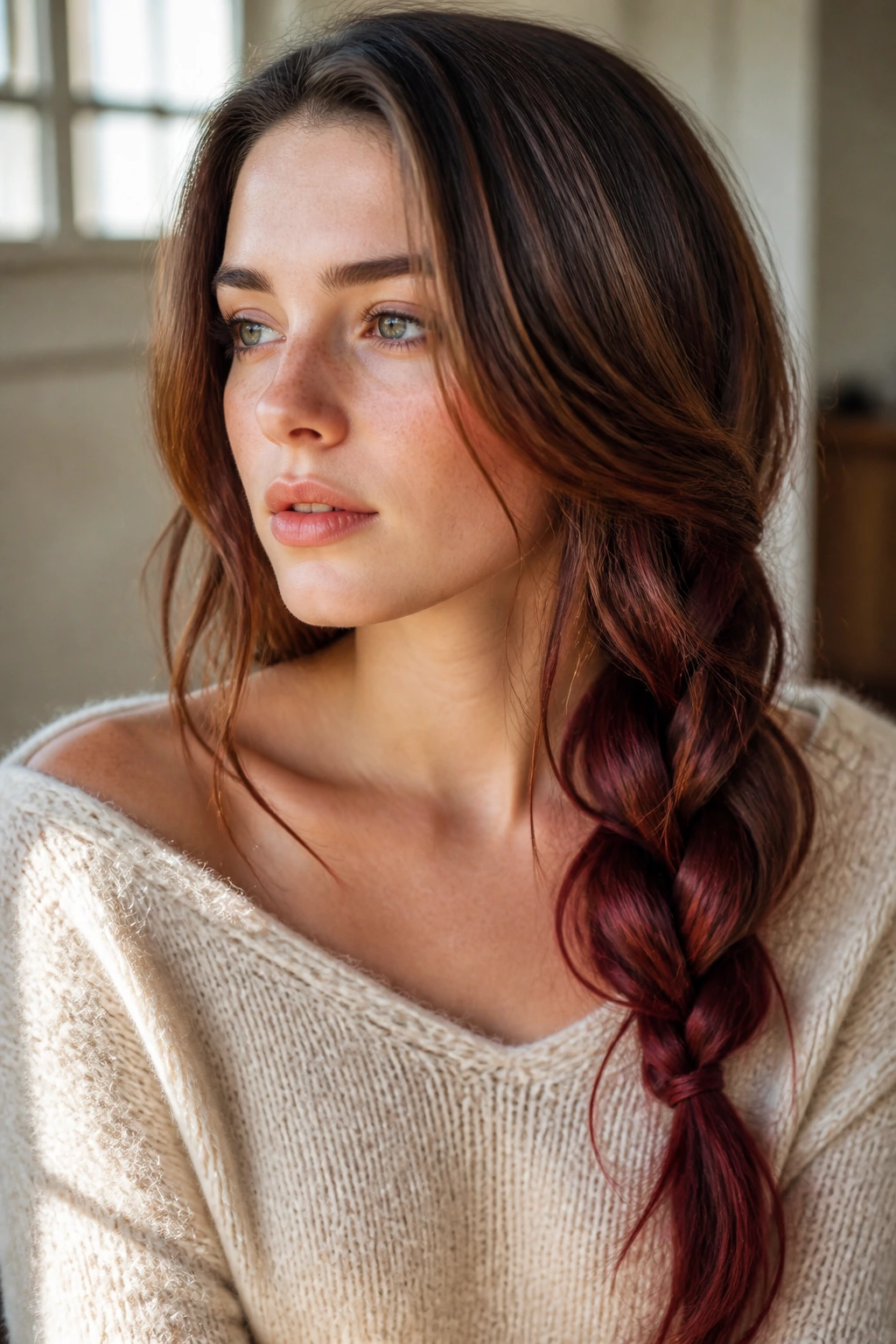 Portrait of a real woman with mahogany ombré from mid-length to ends.