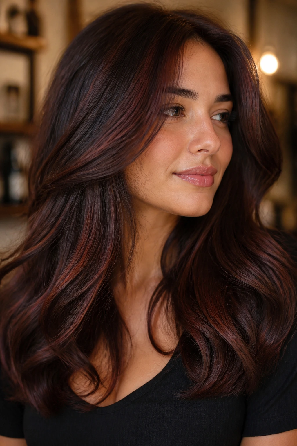 Portrait of a real woman with mahogany panels for a luxe brown finish