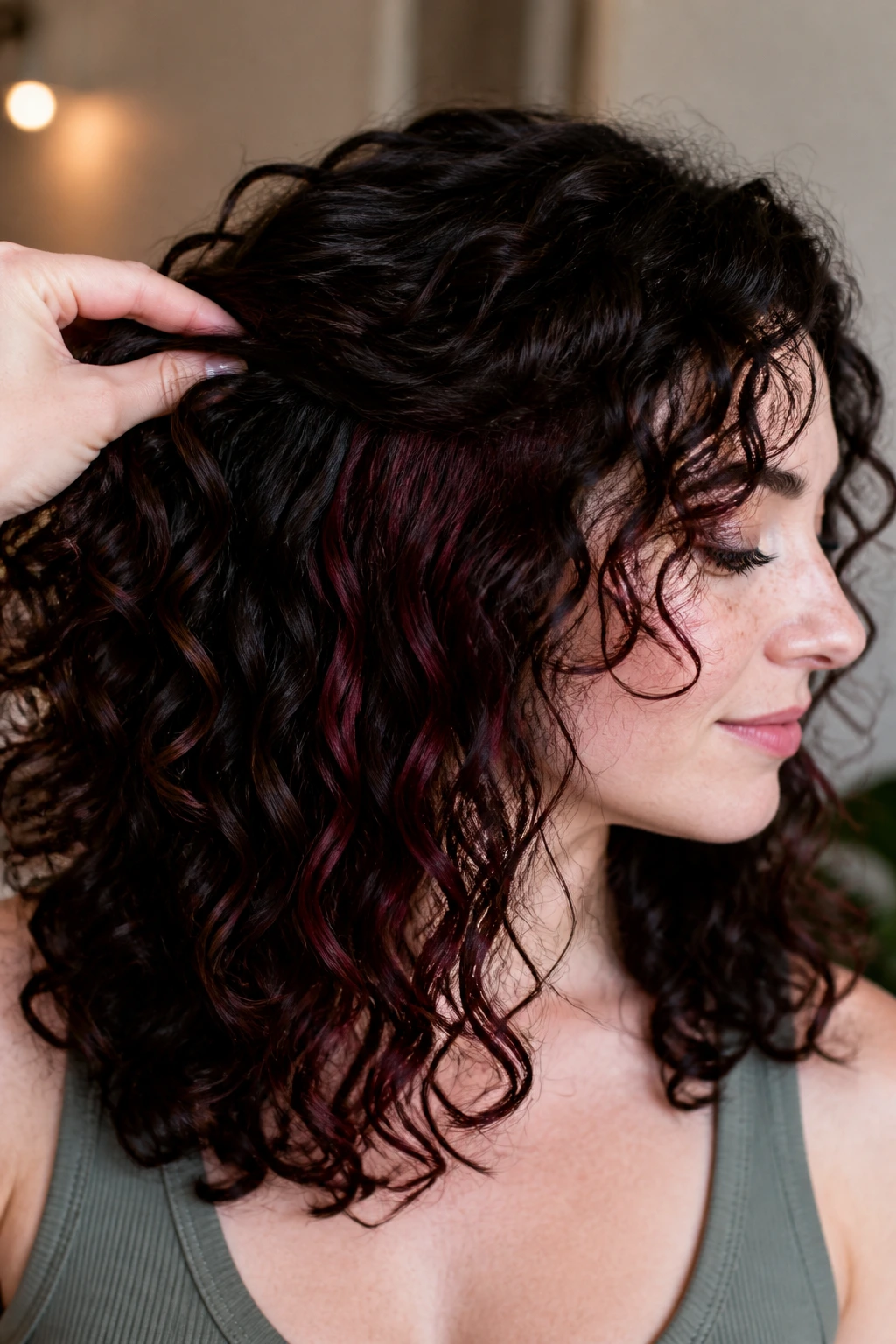 Mahogany peekaboo panels visible under top hair layer