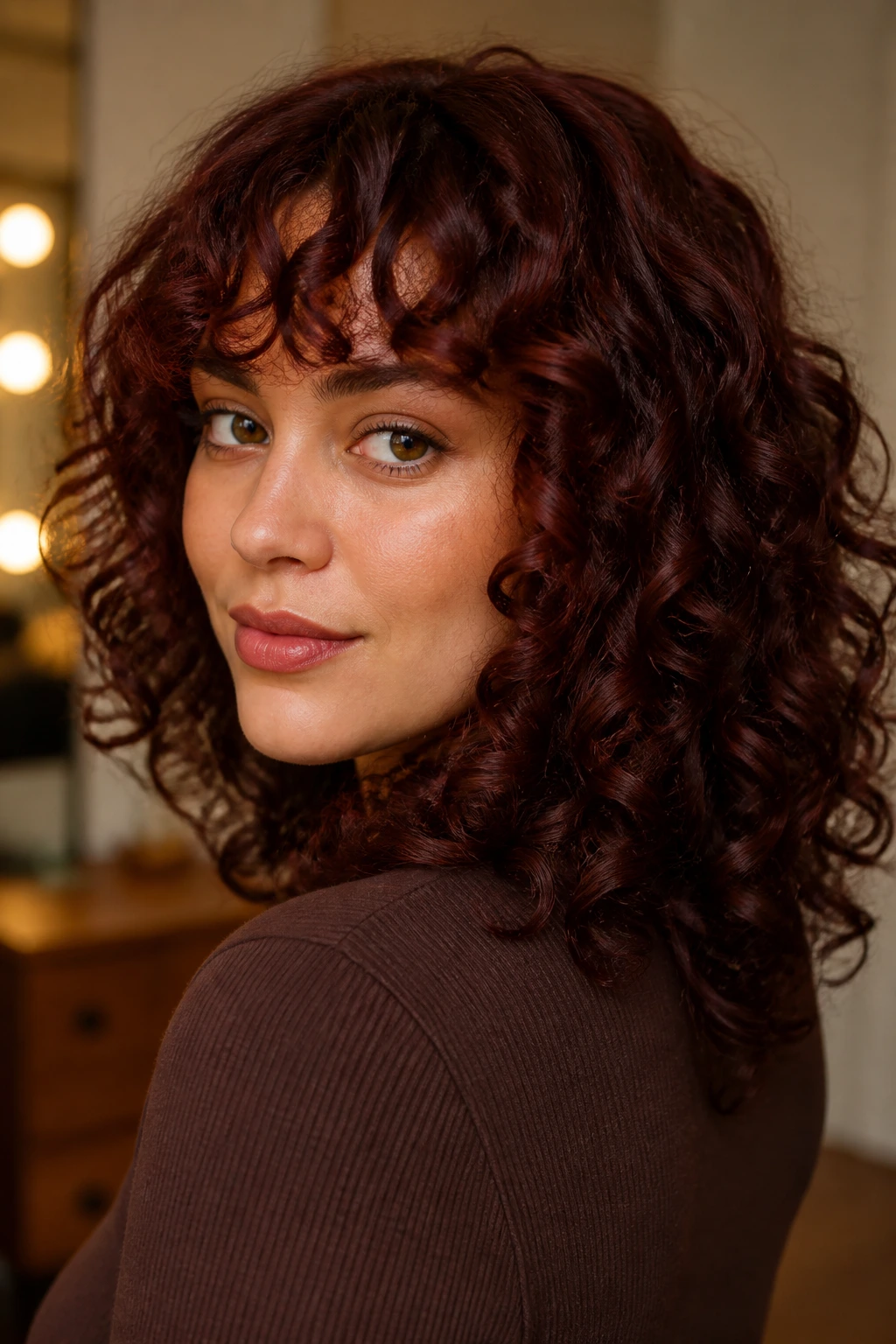 Real woman with deep mahogany ringlets and a soft fringe under warm light