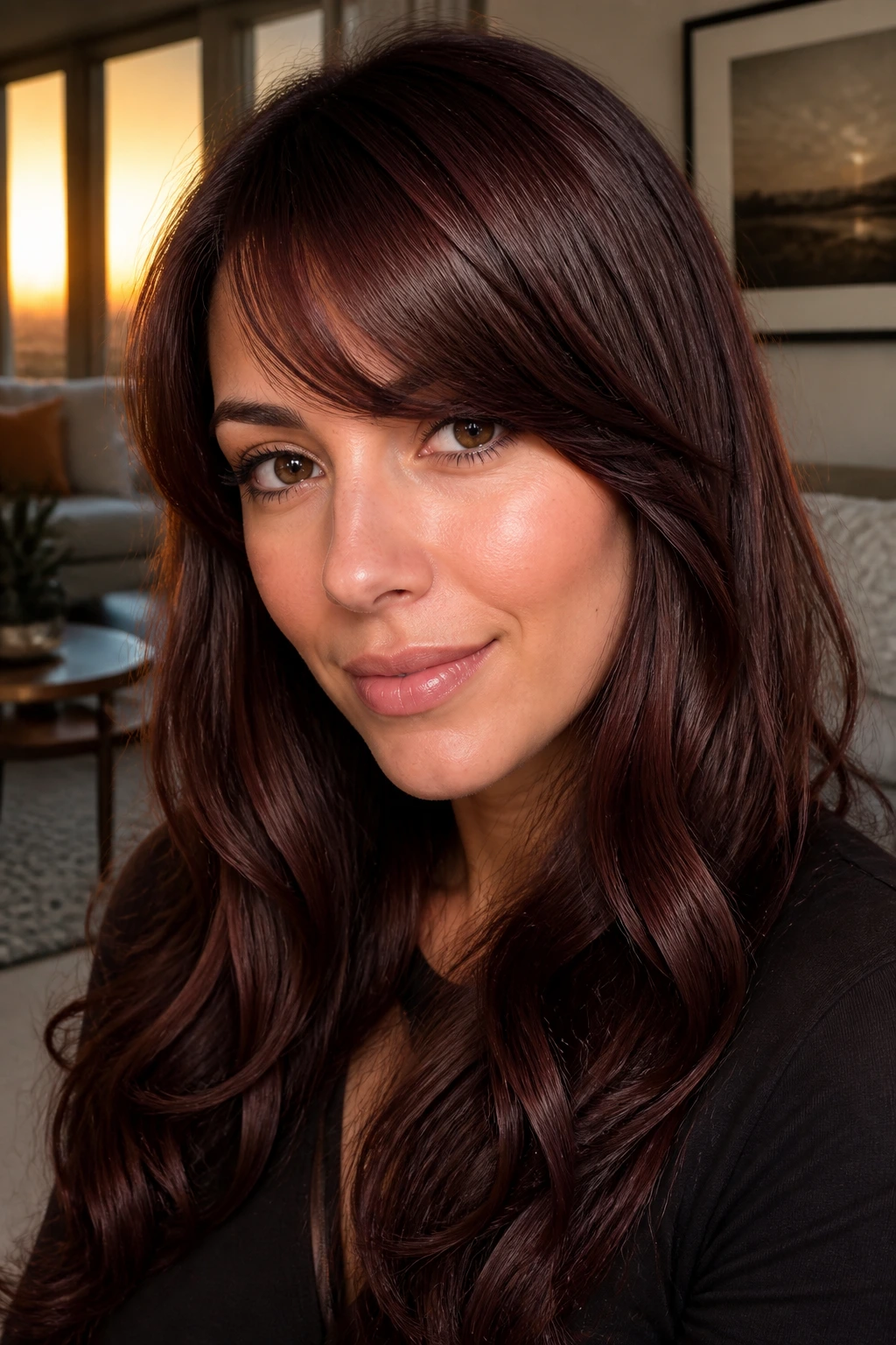 Close-up portrait of a real woman with mahogany red-brown hair and satin shine on side-swept bangs