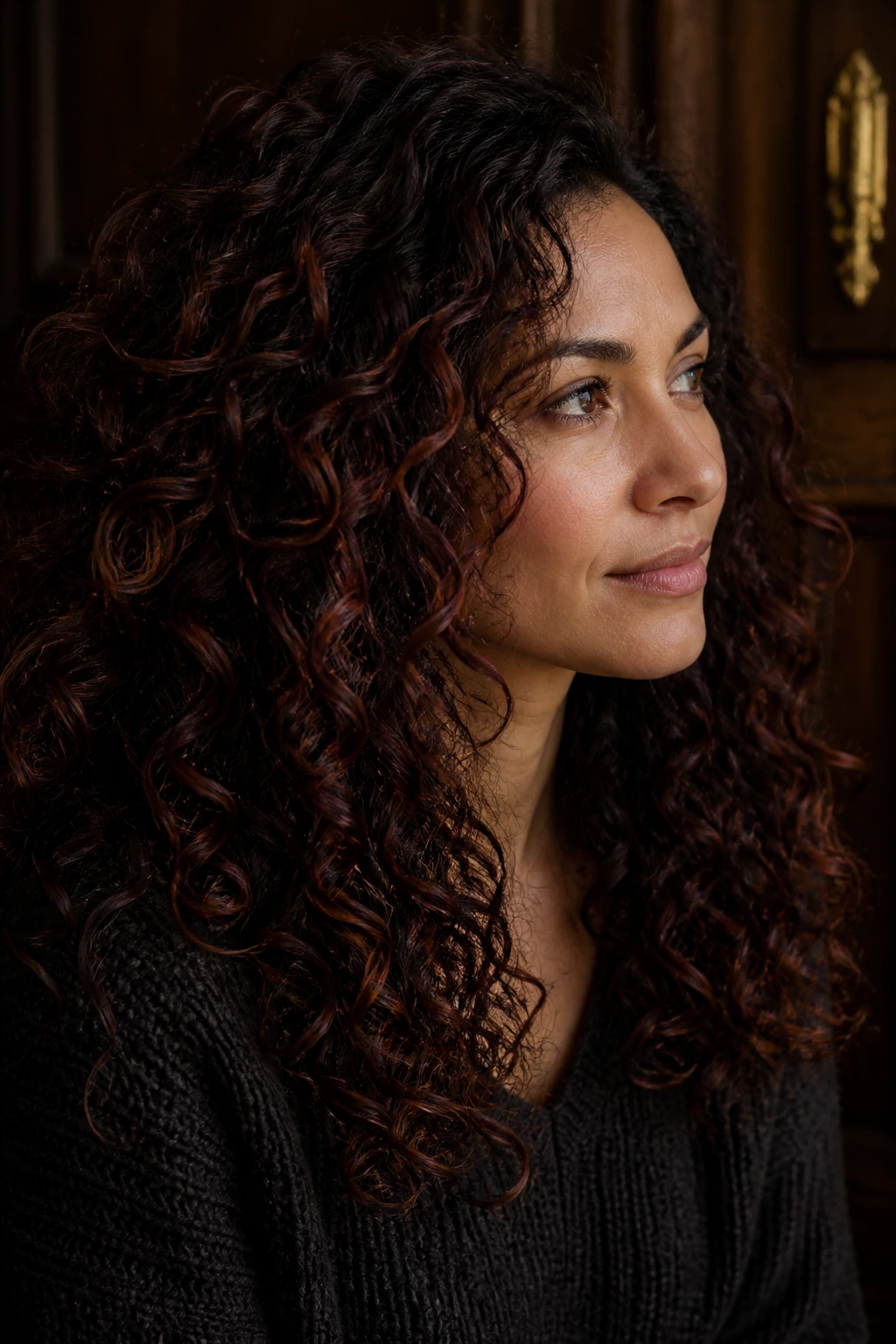 Close-up of mahogany shadow lights on dark curls with moody indoor lighting