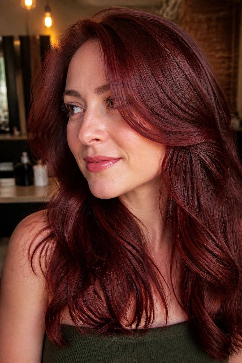 Close-up portrait of mahogany strawberry brunette hair on a real person