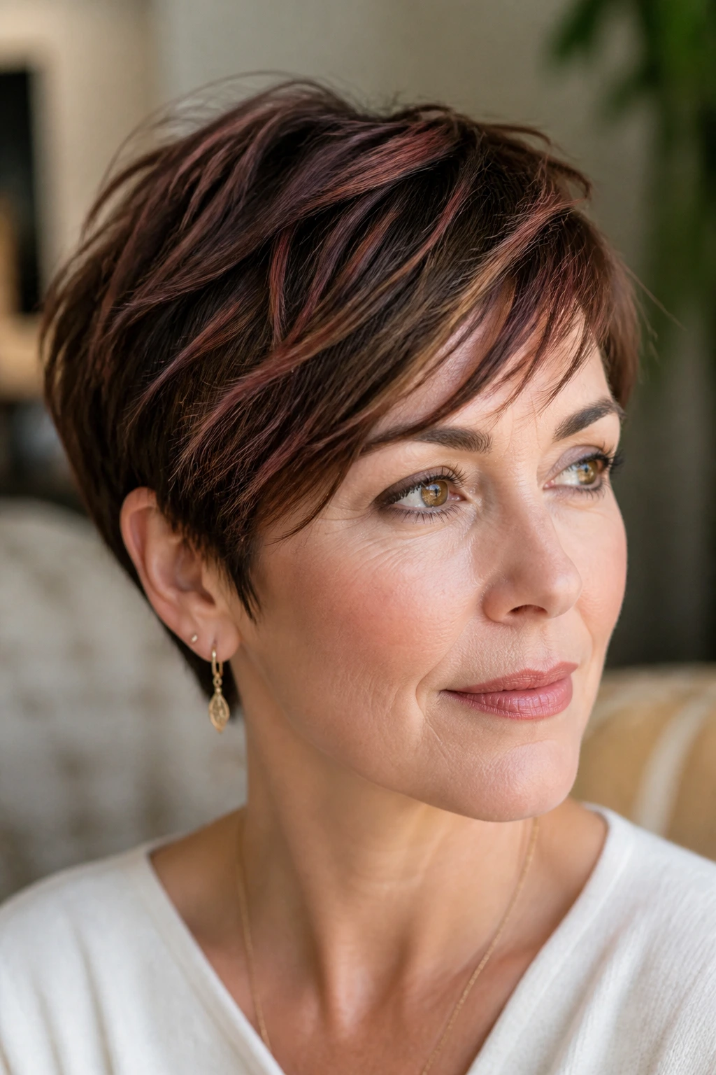 Real woman with soft mahogany streaks in a pixie cut