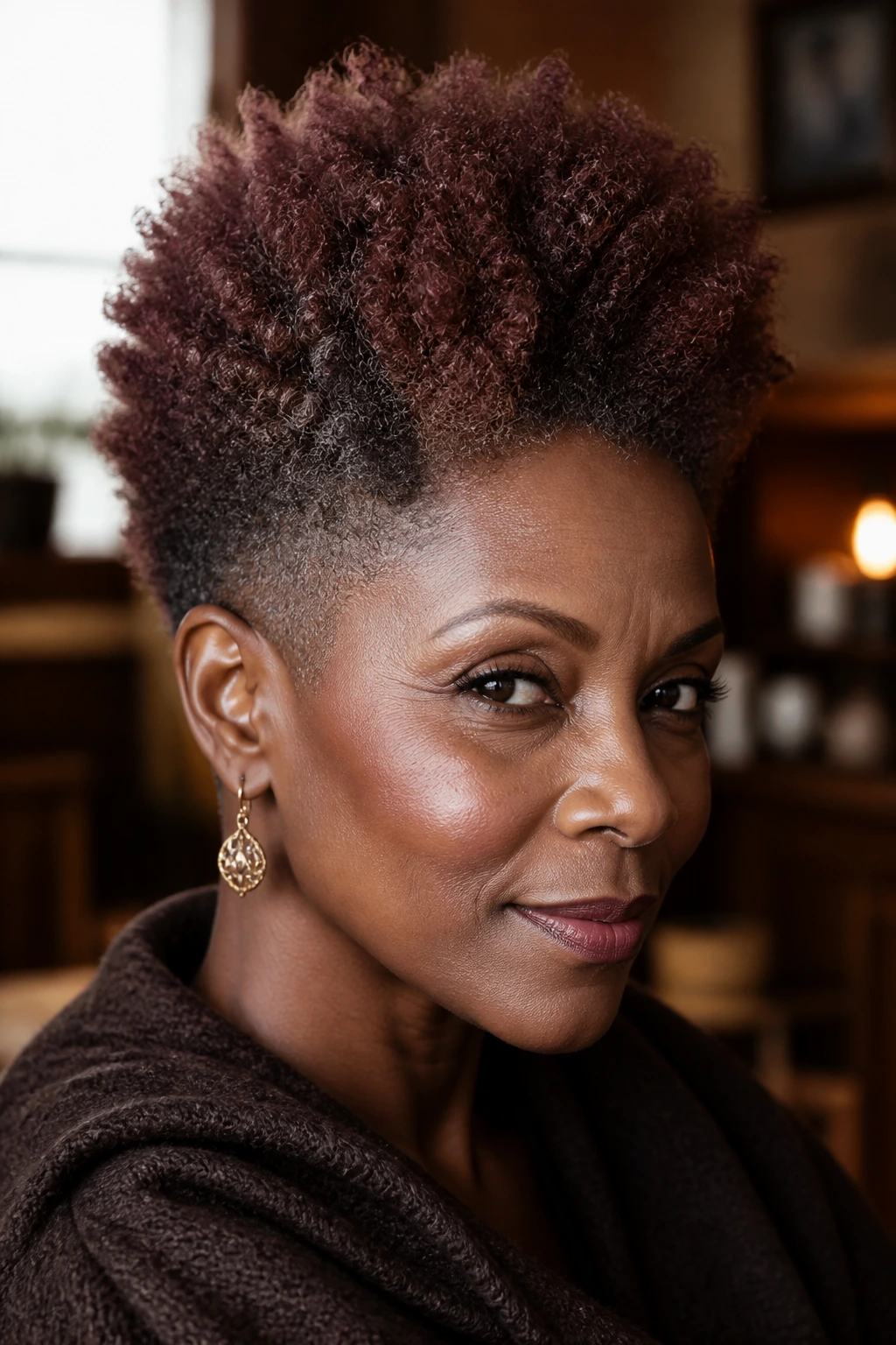 Close-up of a person with mahogany tapered Afro