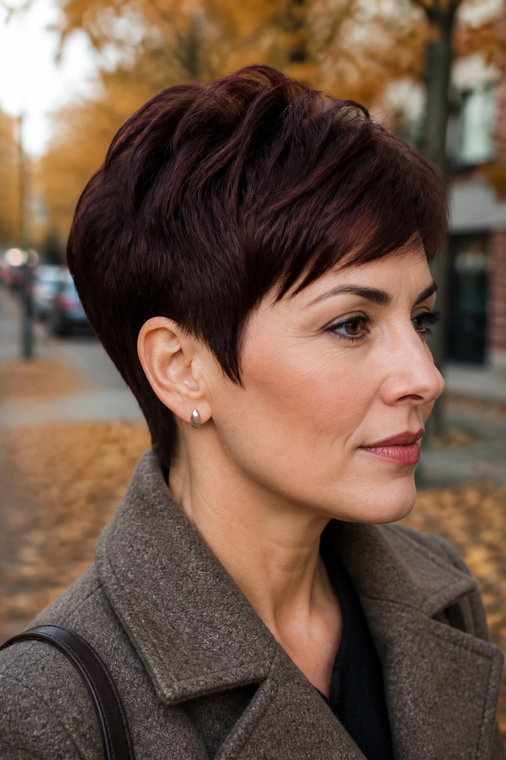 Close-up portrait of a real person with mahogany tapered pixie hairstyle on autumn street