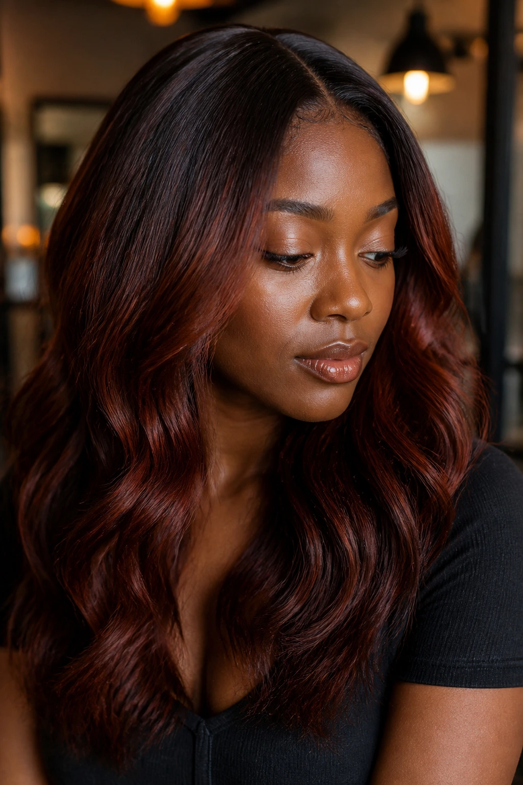 Close-up of a real woman with mahogany tint and auburn hints on deep hair