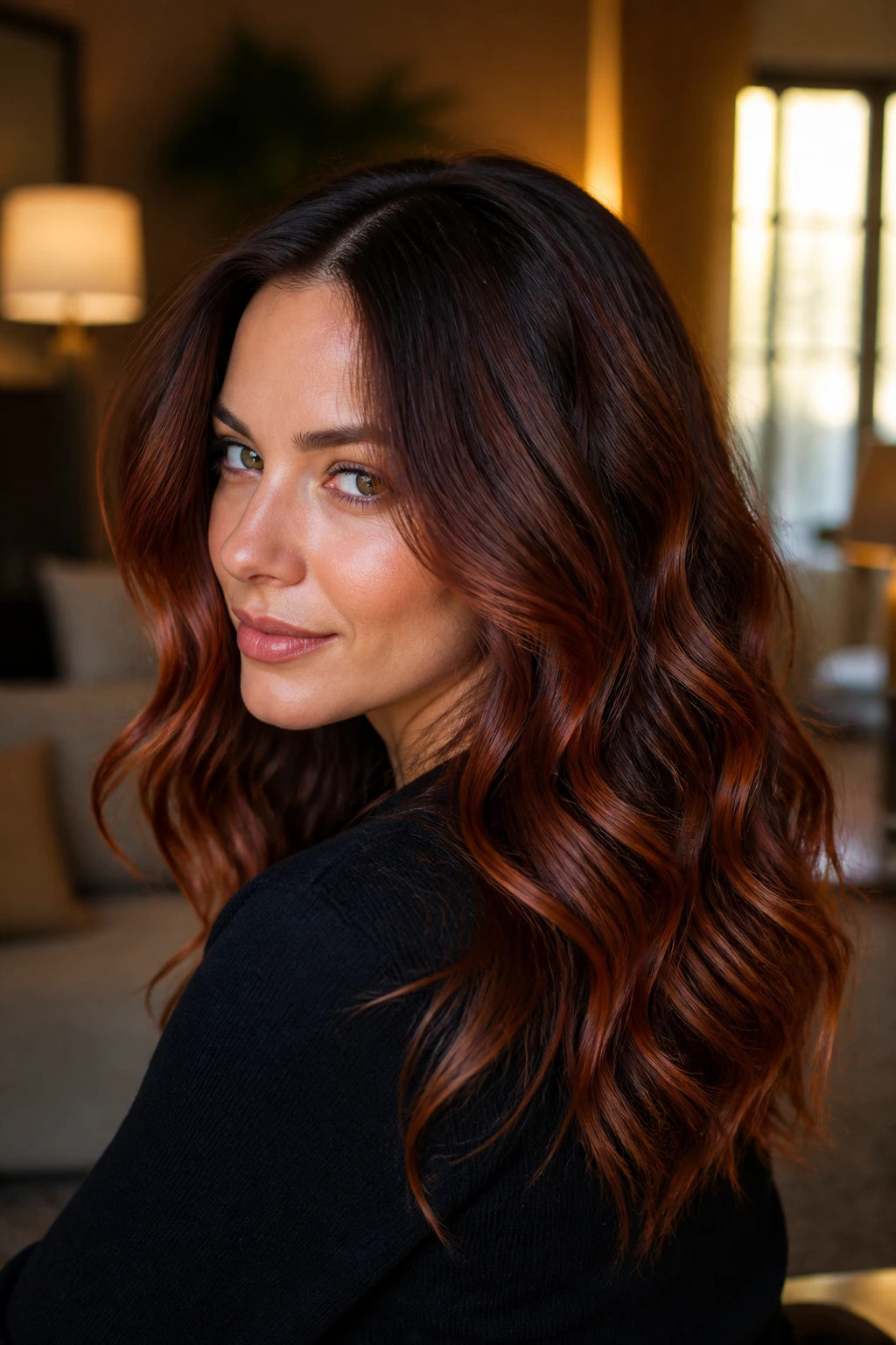 Portrait of real woman with Mahogany Whiskey Waves hair color: deep mahogany base with whiskey ribbons.