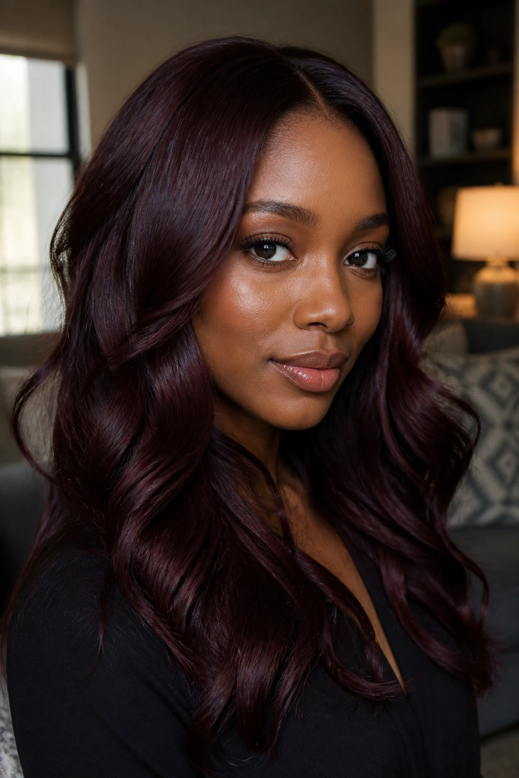 Close-up of a real person with mahogany hair and wine-red warmth