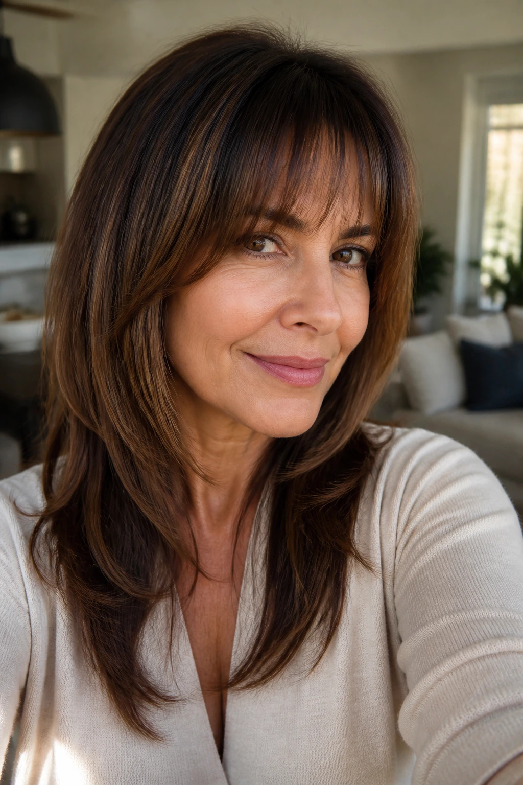 Woman with soft long bangs in a sunlit cozy room