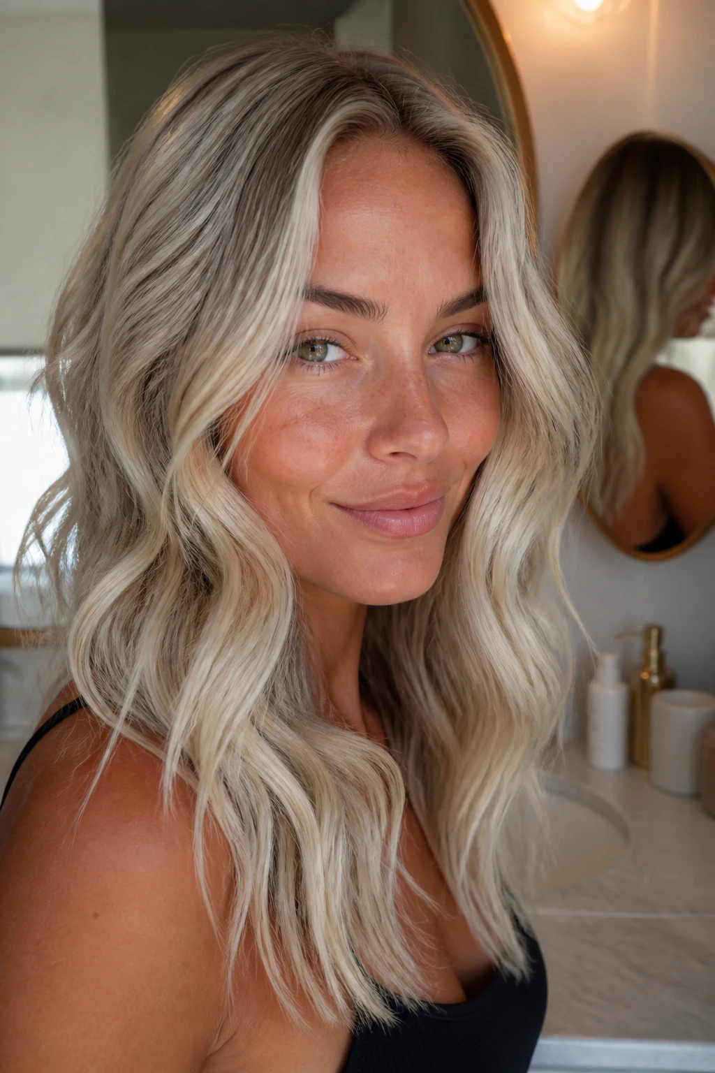 Portrait of a person with bright Nordic blonde hair in a bathroom