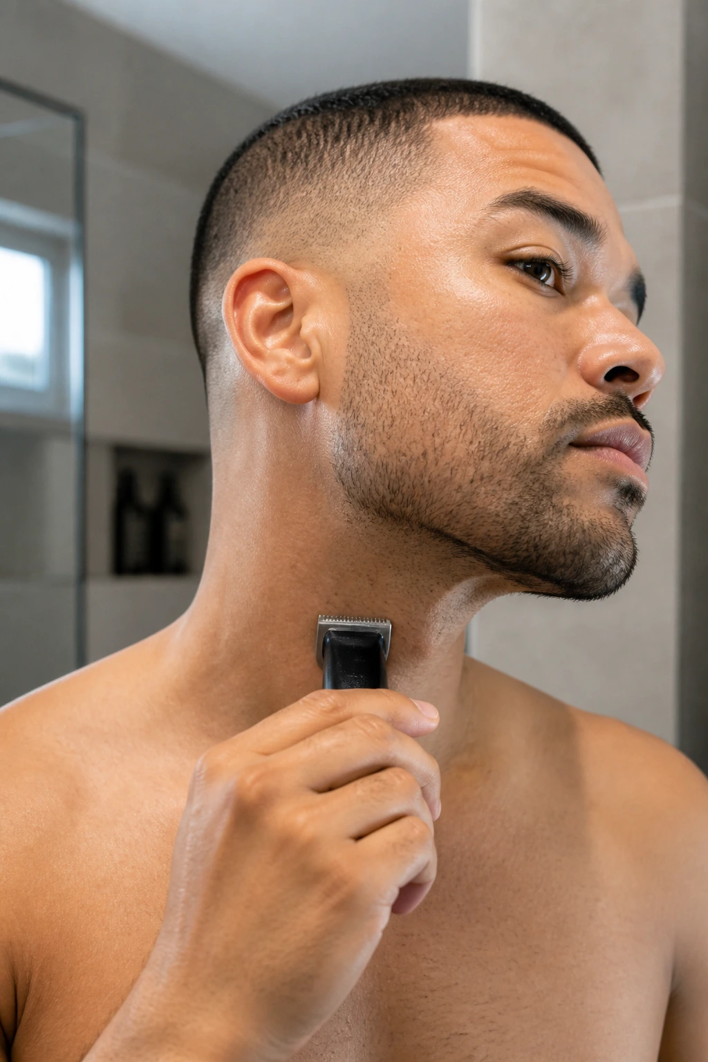 Portrait of a man trimming his neckline at home, showing upkeep between barber visits