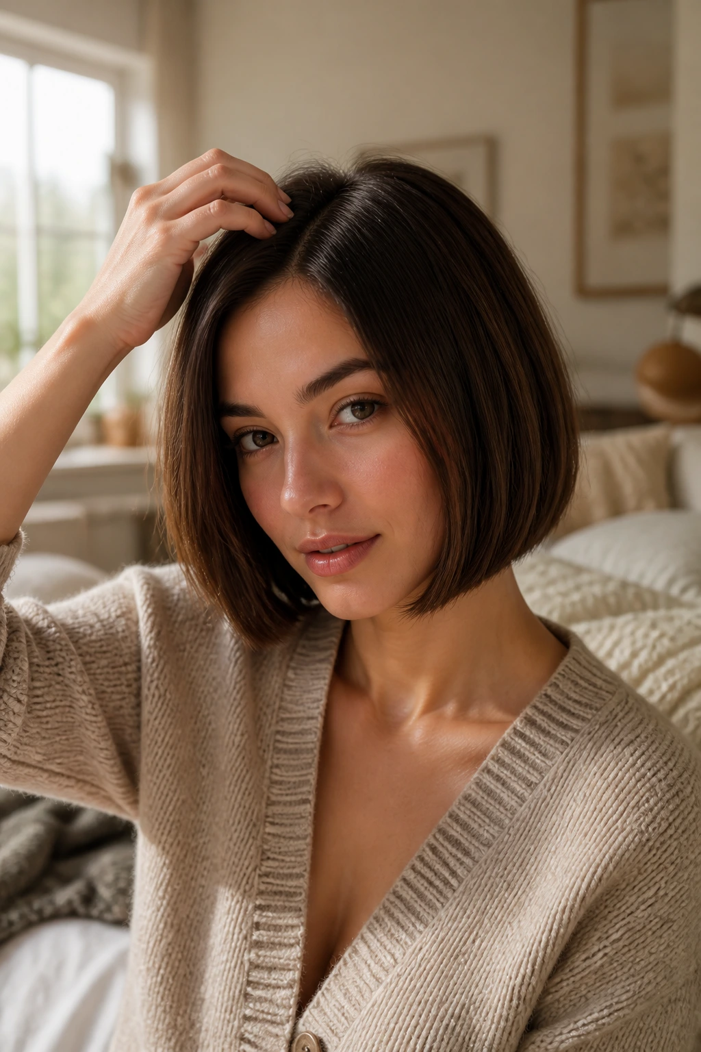 Real woman with chin-length bob in a cozy bedroom waking up the cut