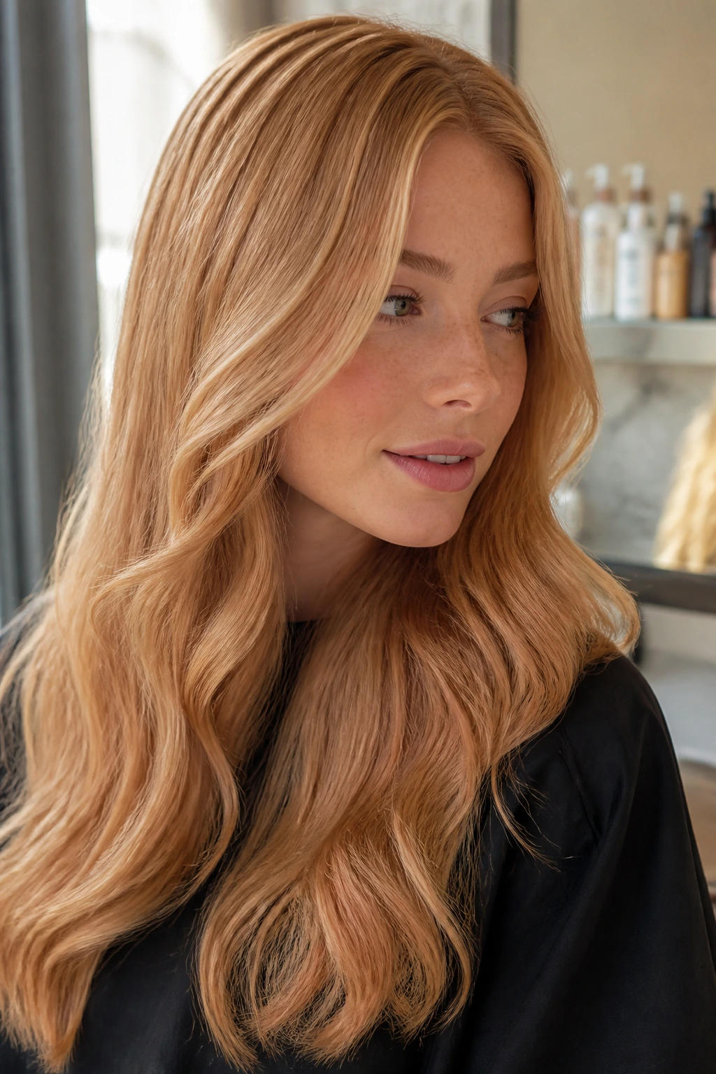 Close-up of a real woman with light strawberry blonde hair in a salon setting