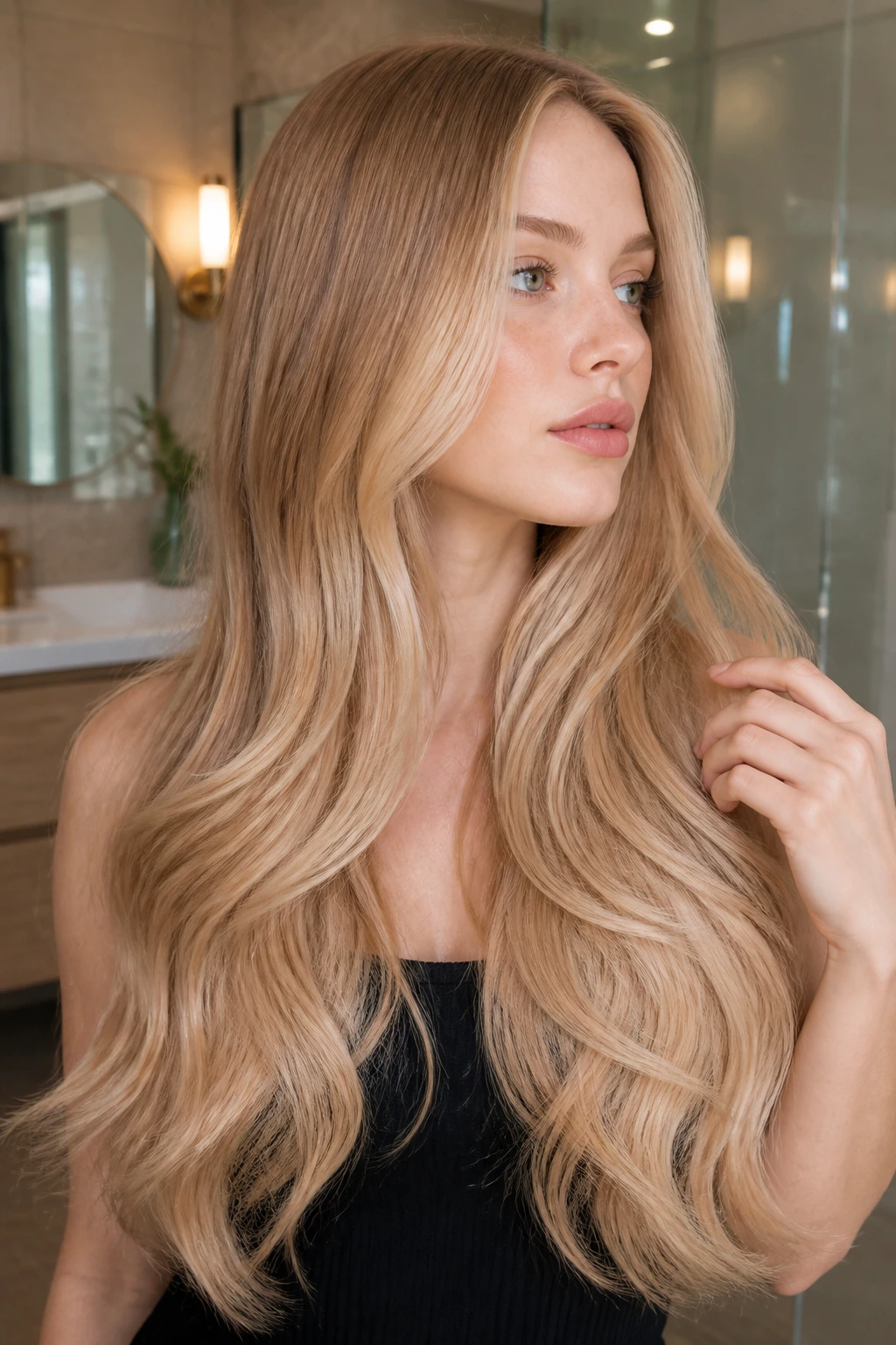 Real person with glossy honey balayage in a soft lit bathroom or salon