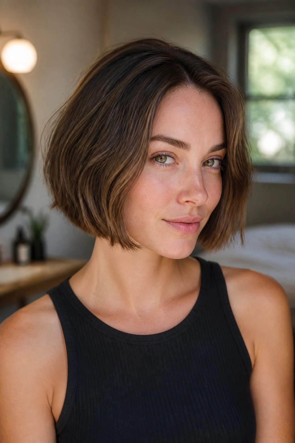 Close-up of a real woman with a jaw-length bob showing crisp perimeter in soft light