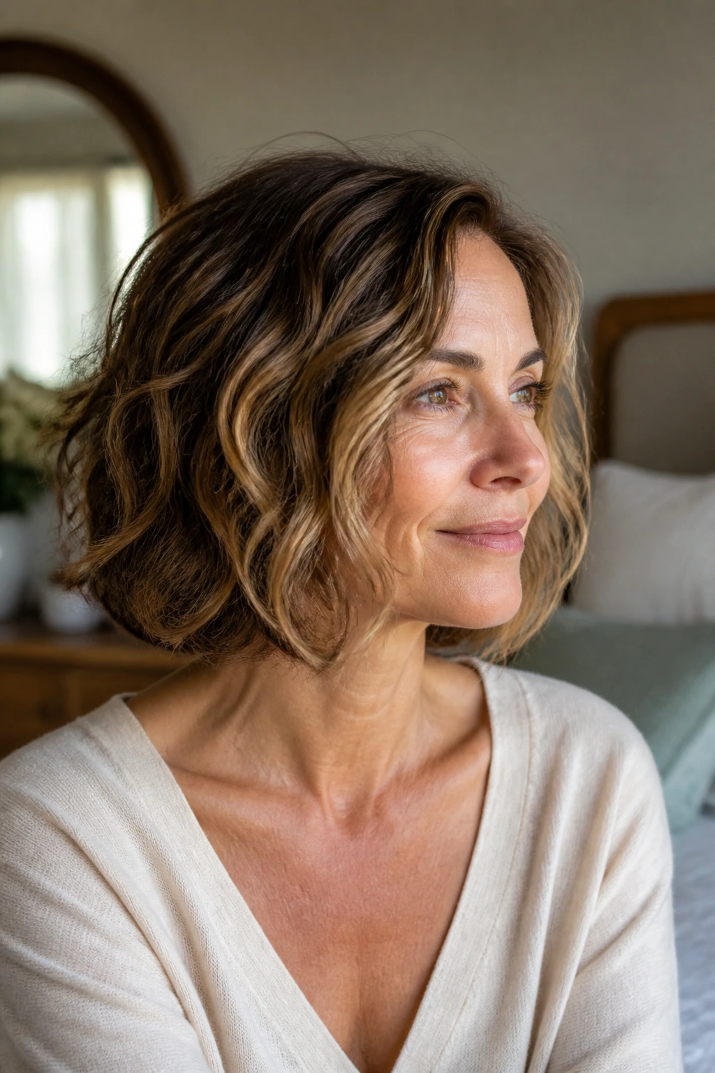 Close-up of a woman with a collarbone-length bob in a calm morning setting illustrating maintenance routine