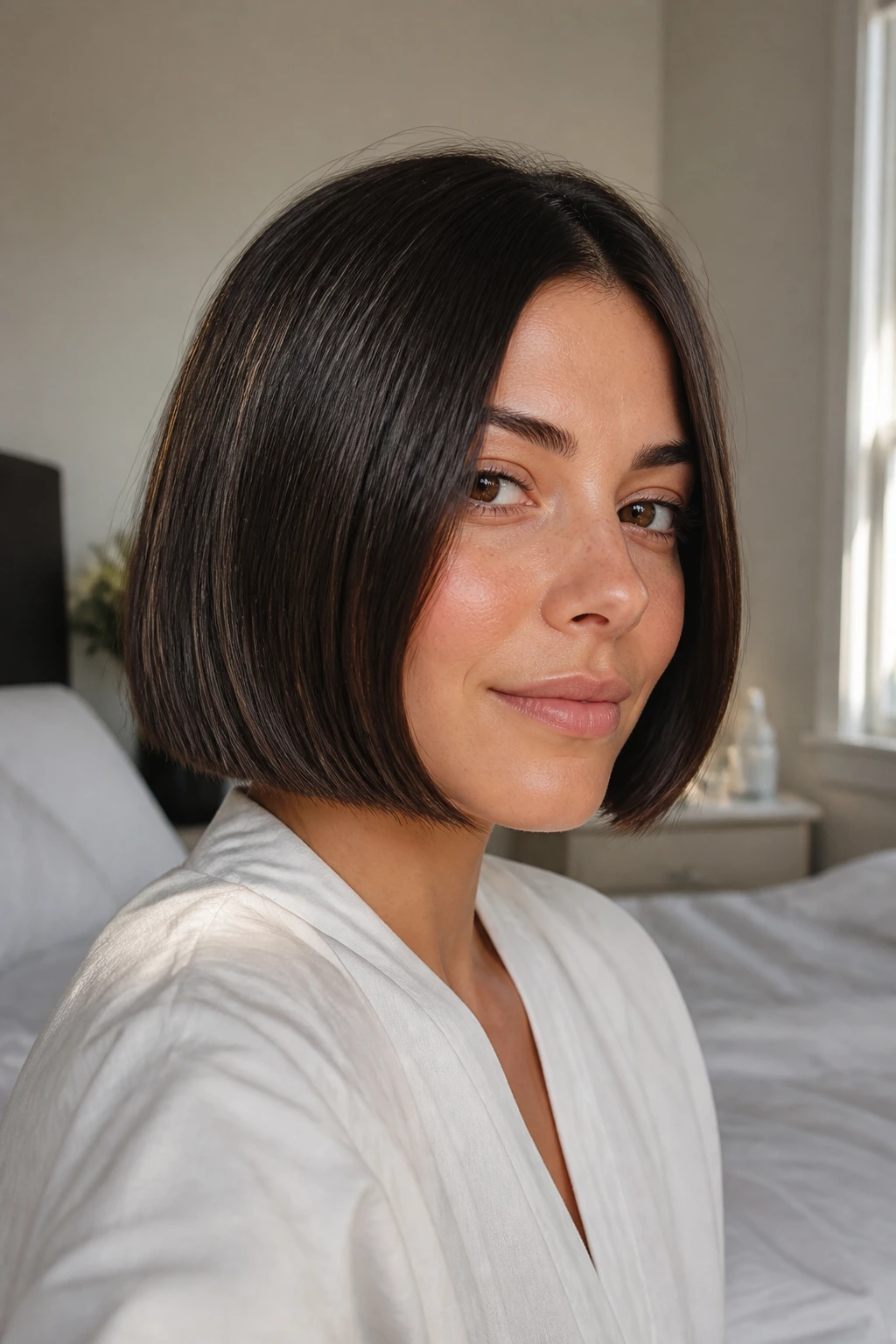 Real person with sleek bob in bedroom morning light