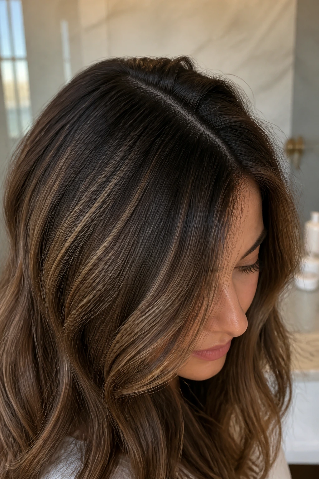 Close-up of a brunette with brown bronze hair and soft root grow-out in a bathroom.