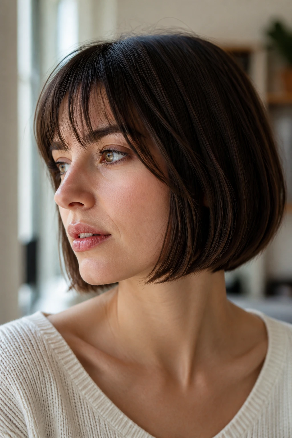 Portrait of a person with a neat chin-length bob in a calm indoor setting