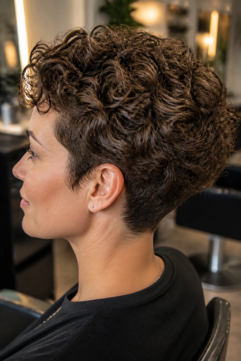 Real woman in a salon chair showing a neatly trimmed short curly cut