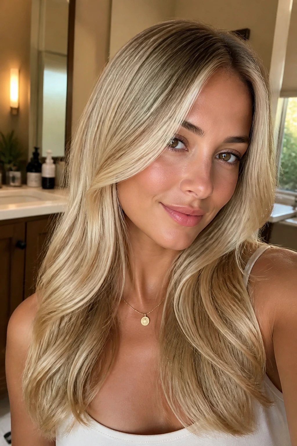 Portrait of a real woman with glossy warm-blonde hair in a warm bathroom setting