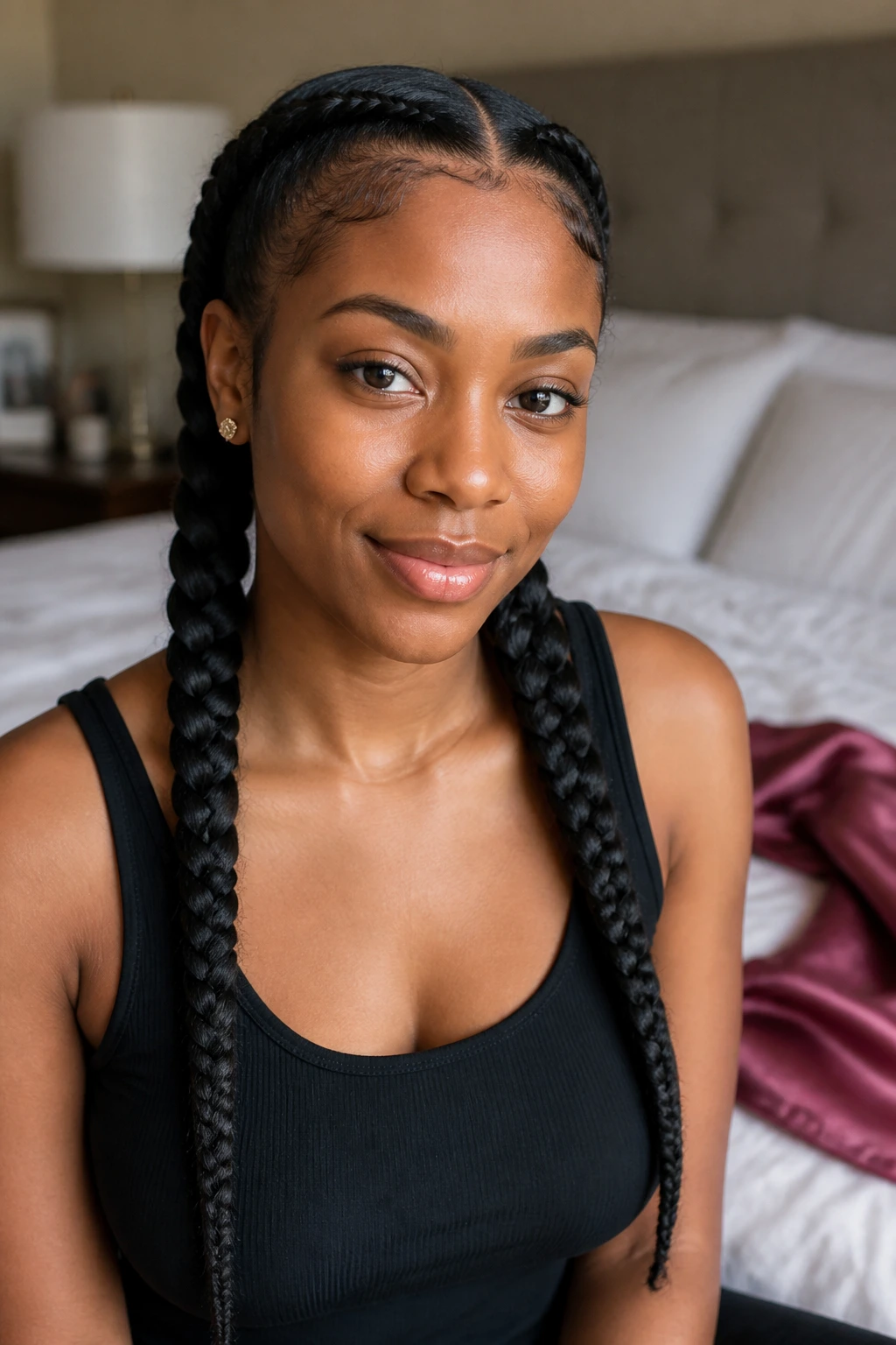 Woman with neat pigtail braids and satin scarf nearby implying night care