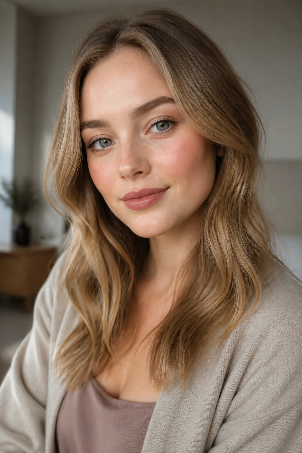 Real woman with makeup, brows, and clothes coordinated for dark blonde shade