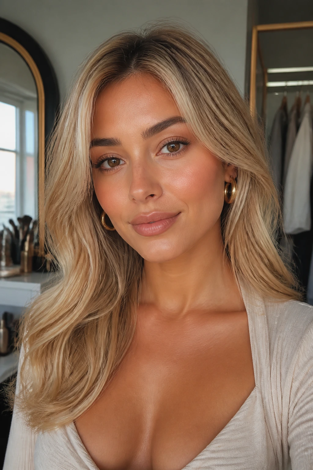 Portrait of a woman with makeup, gold earrings, and open-neck top to complement buttery blonde