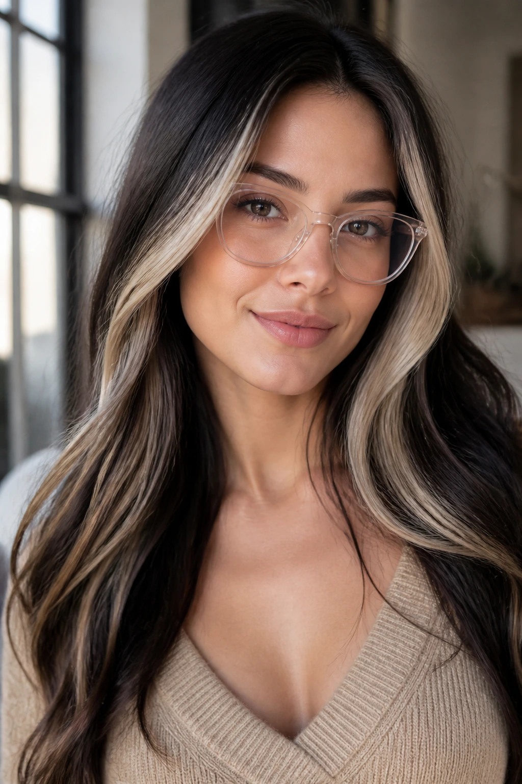Portrait of a person with cool blonde hair, subtle makeup, and glasses