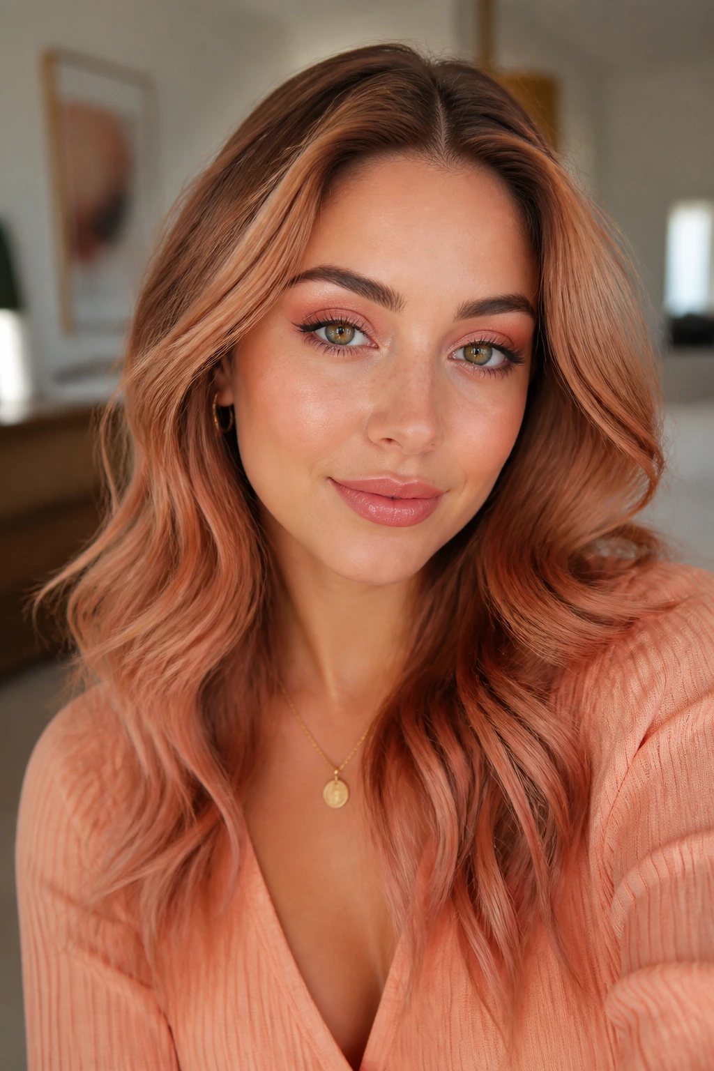 Real woman with matching makeup and copper-rose gold hair in soft indoor light
