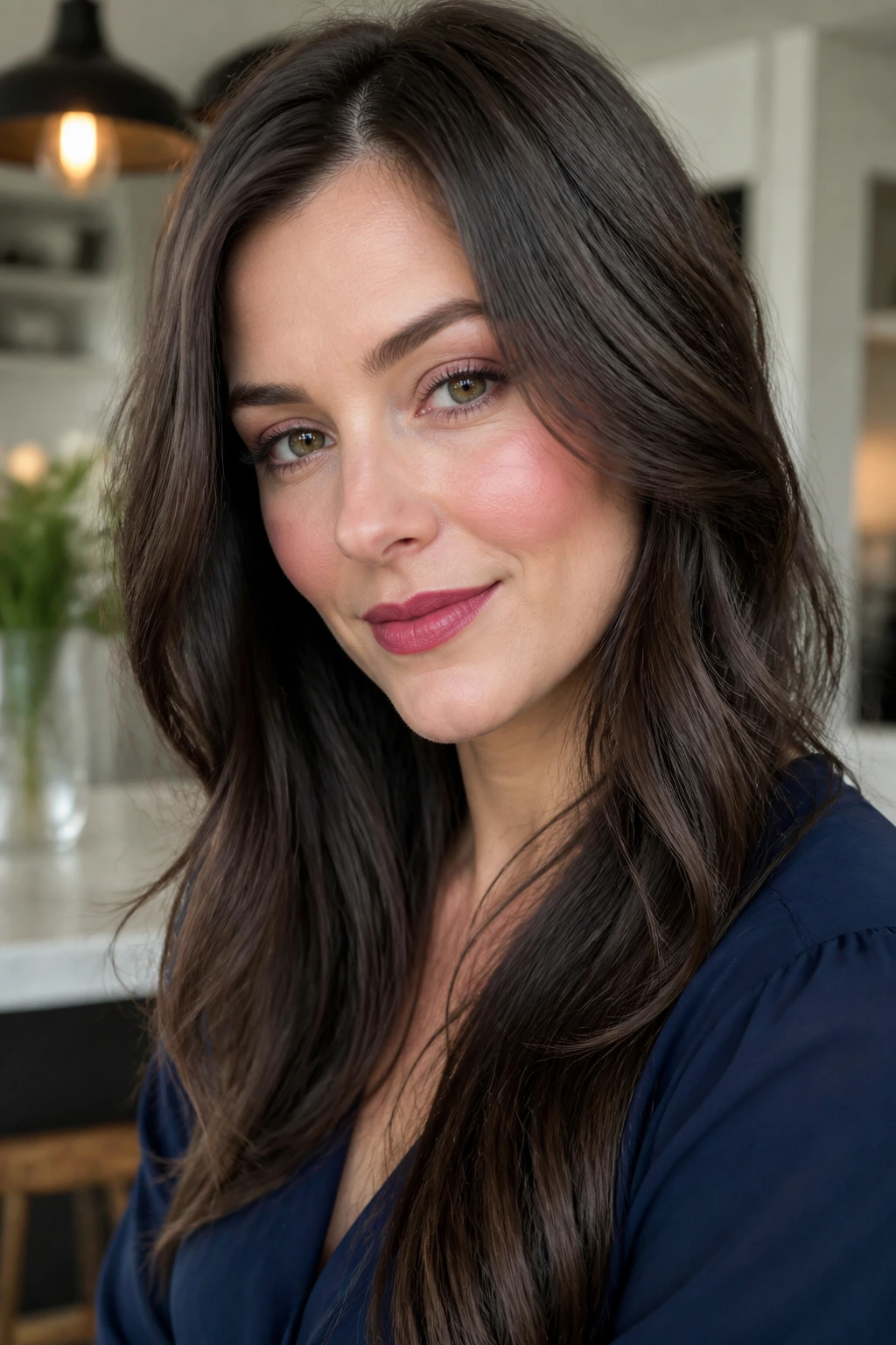Close-up of a cool-toned brunette with navy wardrobe and rosy makeup