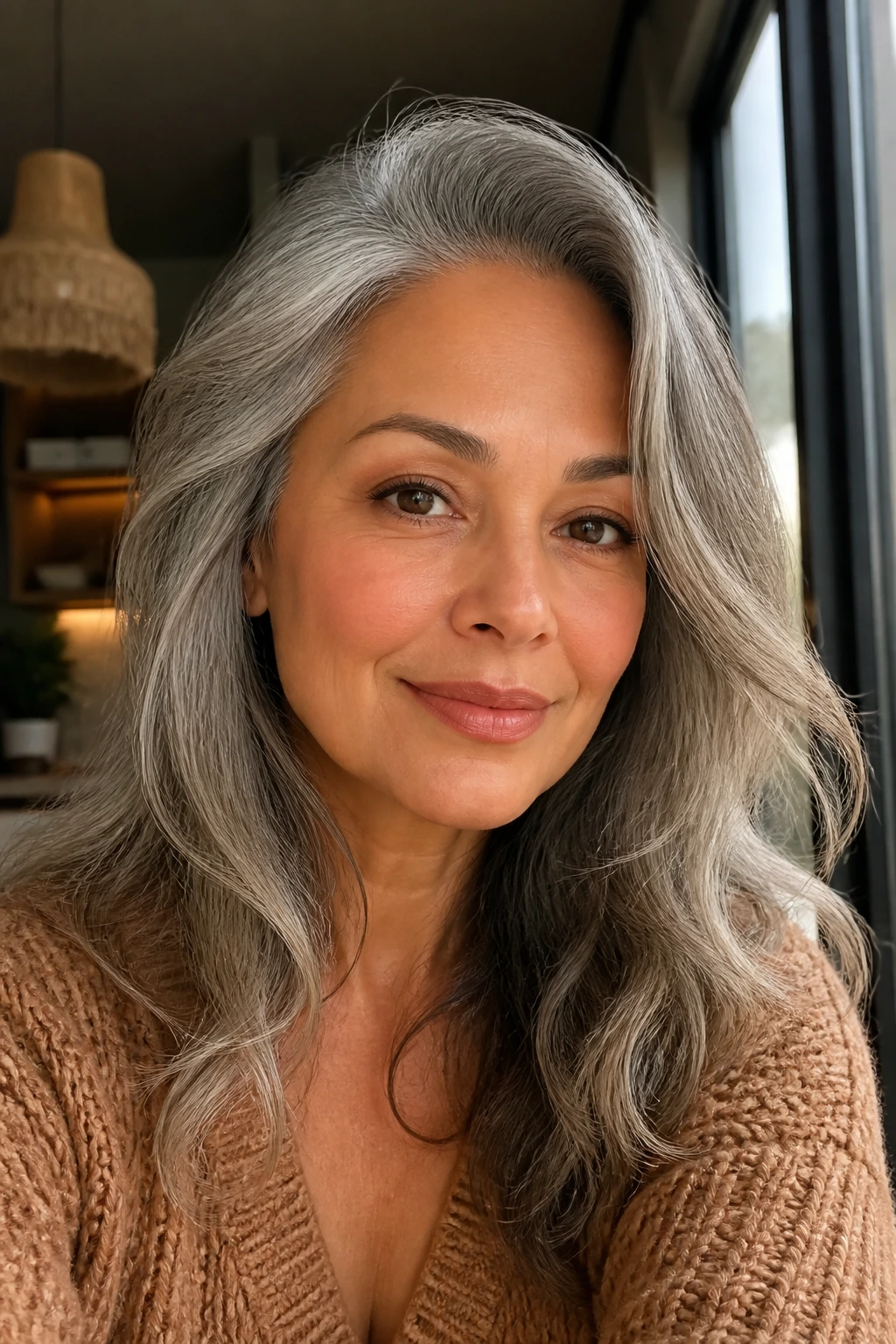 Portrait of a real person with warm-toned makeup and grey hair
