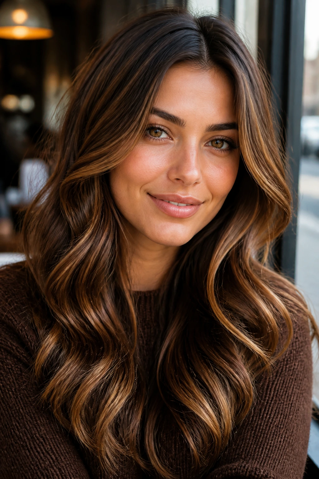 Close-up of a real woman with malted mocha whiskey hair and golden reflections