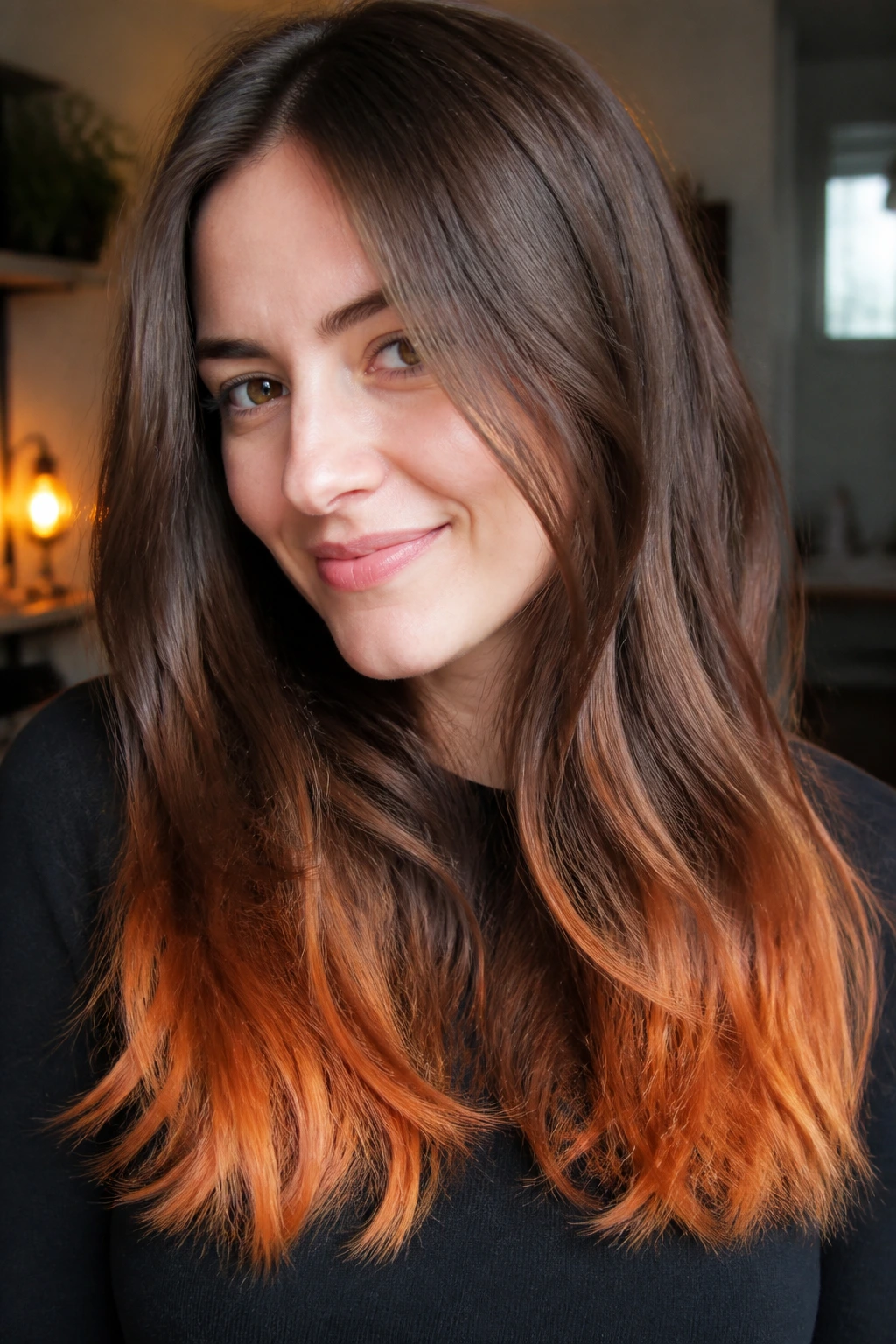 Close-up of a real woman with brunette hair and copper-toned ends in warm indoor light