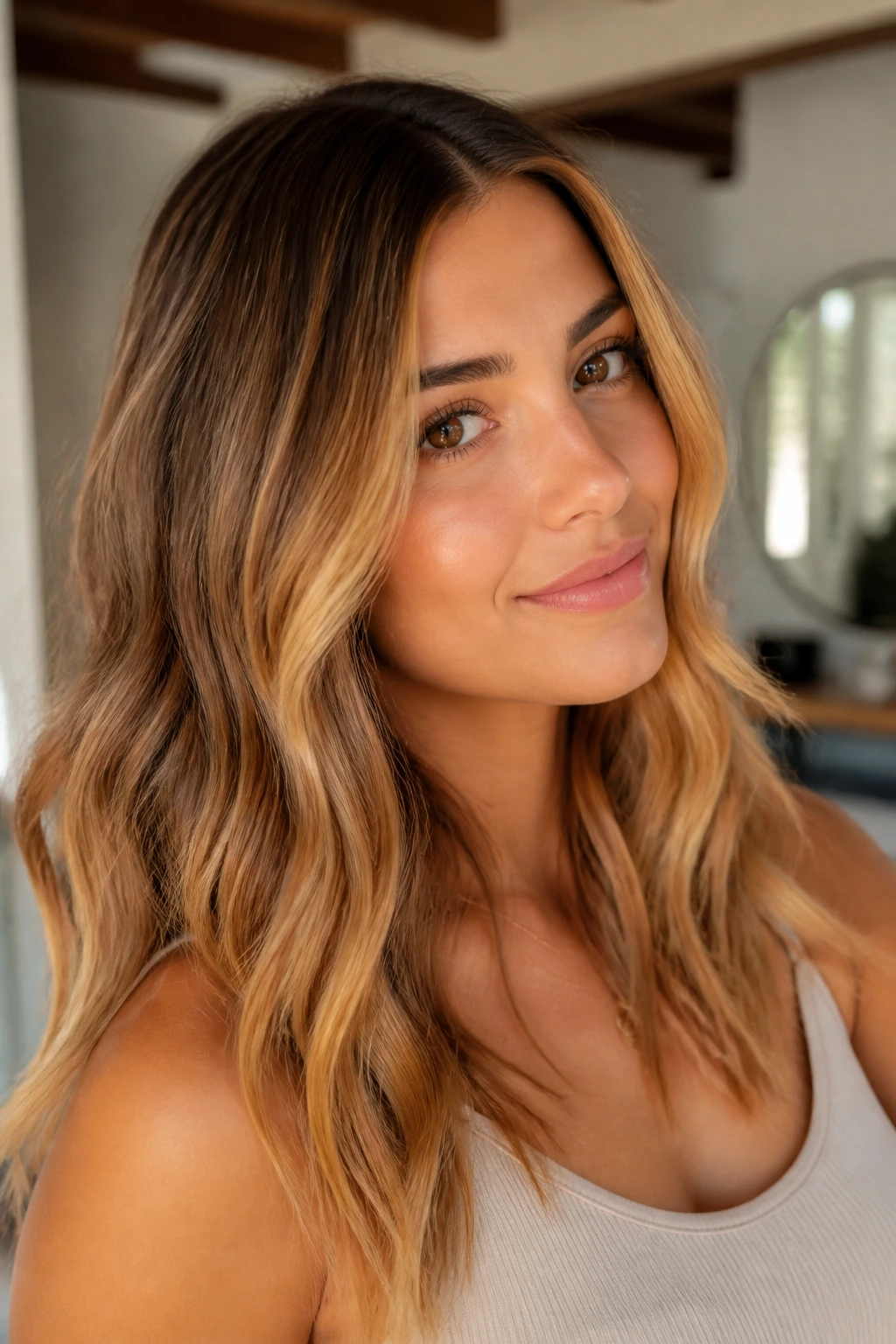 Close-up of a person with mango gold balayage ribbons