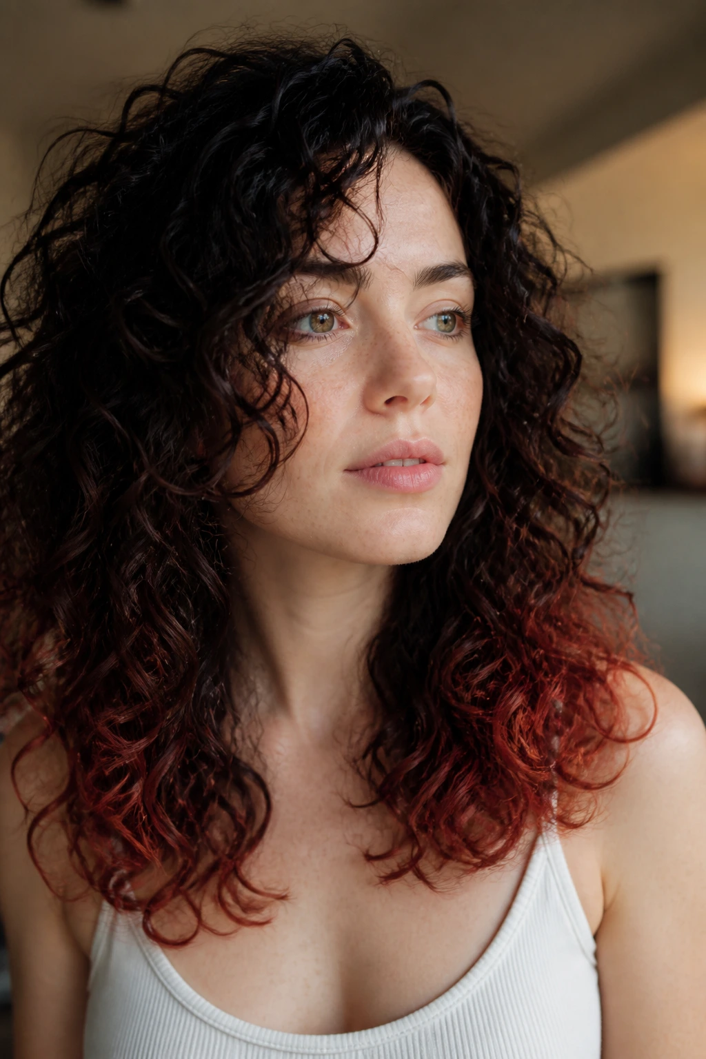 Close-up of a real woman showing maple auburn tips on layered curls